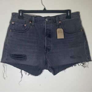 Levis 501 black denim jean shorts women’s 34 button fly high rise distressed